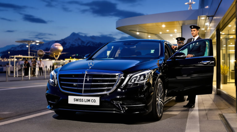 A sleek black 2024 Mercedes S-Class with a white license plate reading 'SWISS LIM CO' is parked at a Geneva airport terminal. An elegantly dressed chauffeur is opening the door against a dusky midnight blue sky, evoking a sense of