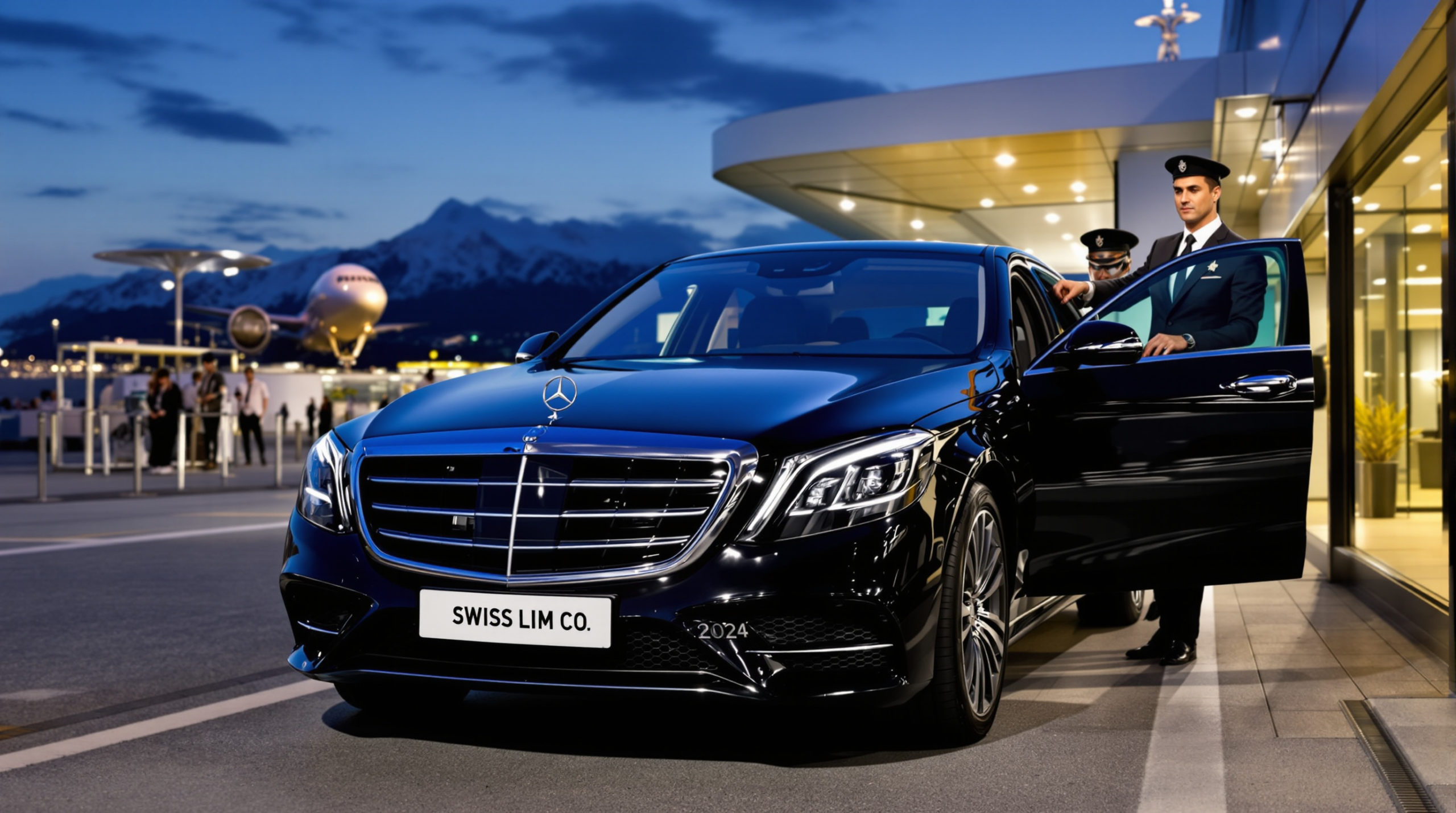 A sleek black 2024 Mercedes S-Class with a white license plate reading 'SWISS LIM CO' is parked at a Geneva airport terminal. An elegantly dressed chauffeur is opening the door against a dusky midnight blue sky, evoking a sense of