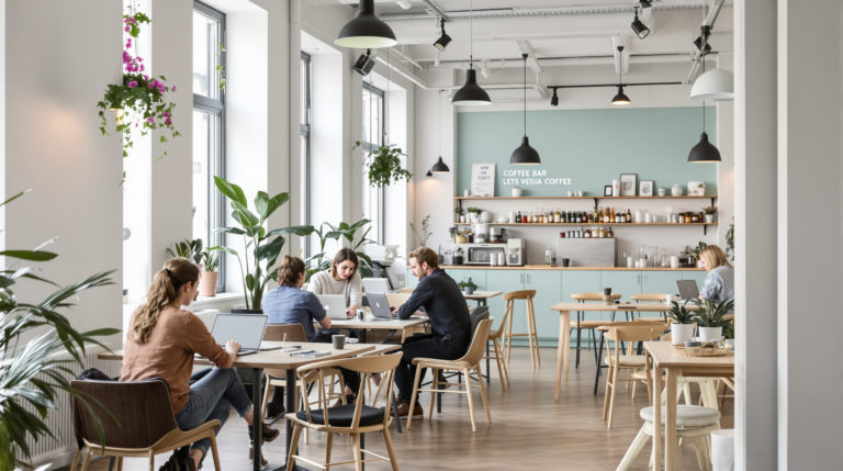 A stylish, minimalistic coworking space in Geneva with young professionals working on laptops. The light grey walls and mint green accents complement the natural wooden furniture. Large windows fill the room with natural light, while potted plants add freshness. In the background