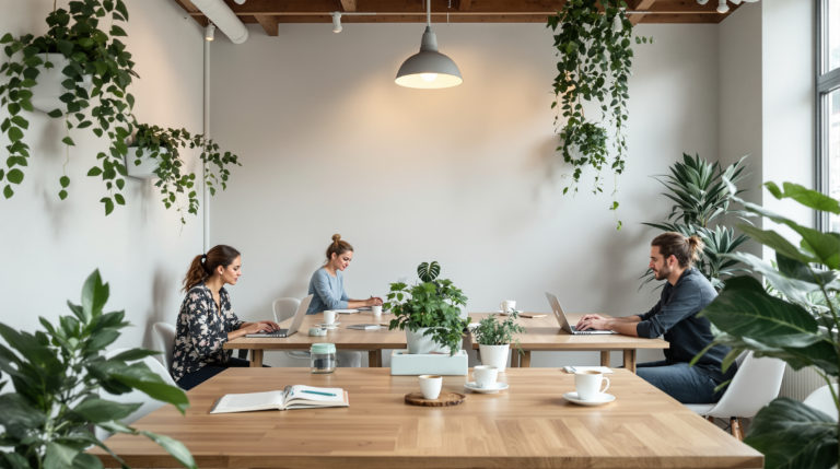 A clean and minimalistic coworking space in Geneva featuring young professionals working on laptops. Light grey walls are accented with mint green and white decor. The space includes wooden desks, plants, and coffee cups, creating an eco-friendly vibe. Bright lighting enhances