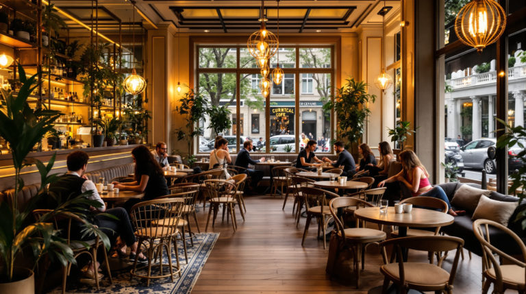 A cozy upscale café interior in Geneva featuring elegant wooden furniture and warm lighting. Patrons enjoy specialty coffee with intricate latte art, while others work on laptops amidst inviting terrace seating. The space blends urban chic with a relaxed ambiance, making it ideal for high