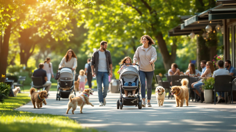 A sunlit park scene featuring diverse families and pet owners enjoying a day outdoors. Parents with strollers walk along smooth paths, dogs play nearby, and guests relax at a cozy café with outdoor seating. The lush greenery creates a warm atmosphere, emphasizing the