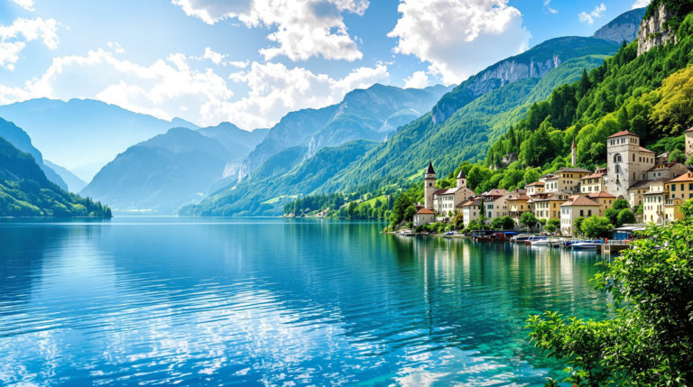 Panoramic view of a serene lake near Geneva, surrounded by lush green mountains and medieval village architecture. The scene depicts a clear blue sky and vibrant water, inviting families to enjoy scenic walks in this picturesque region, reminiscent of family walks in Annecy