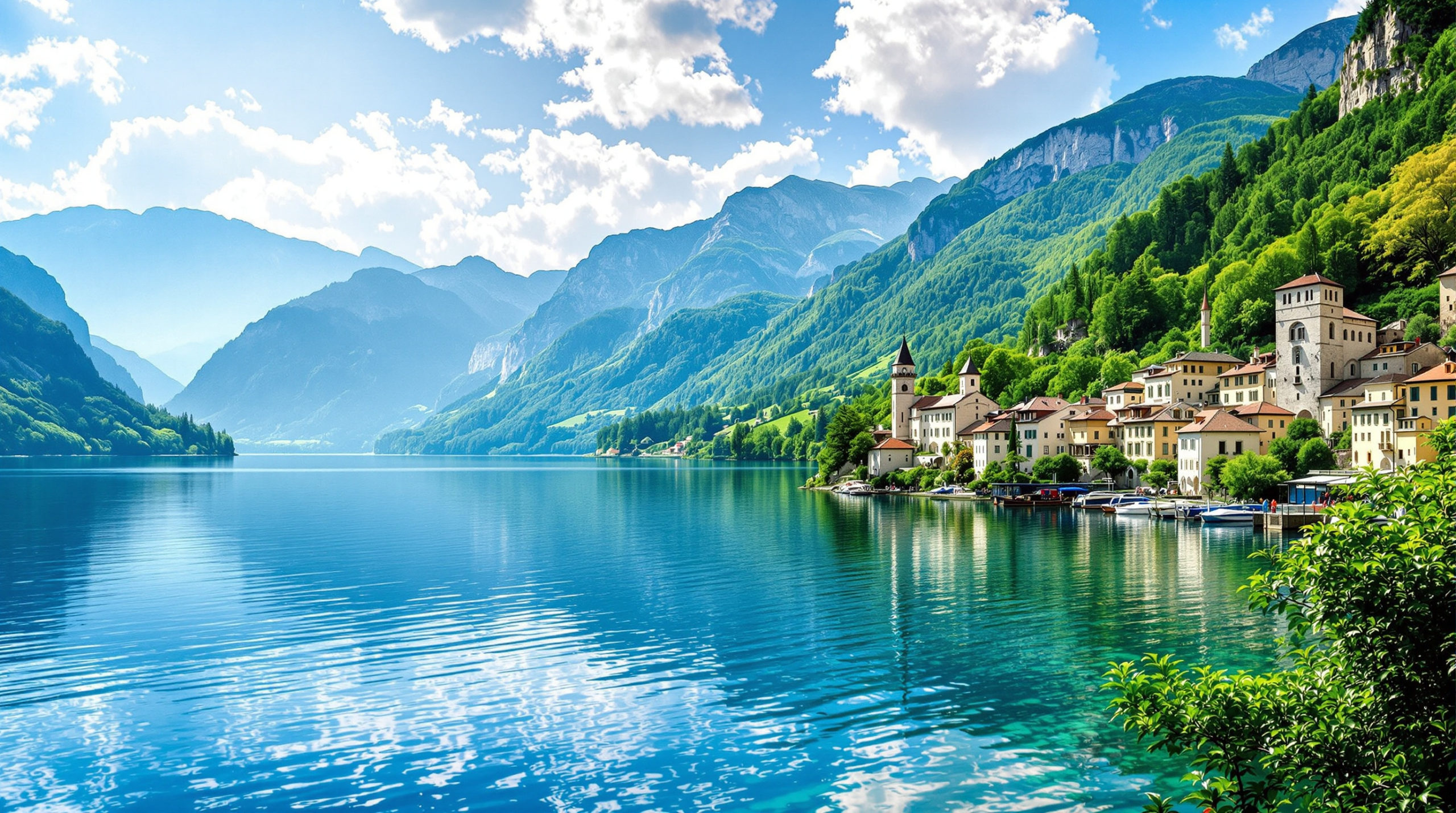 Panoramic view of a serene lake near Geneva, surrounded by lush green mountains and medieval village architecture. The scene depicts a clear blue sky and vibrant water, inviting families to enjoy scenic walks in this picturesque region, reminiscent of family walks in Annecy