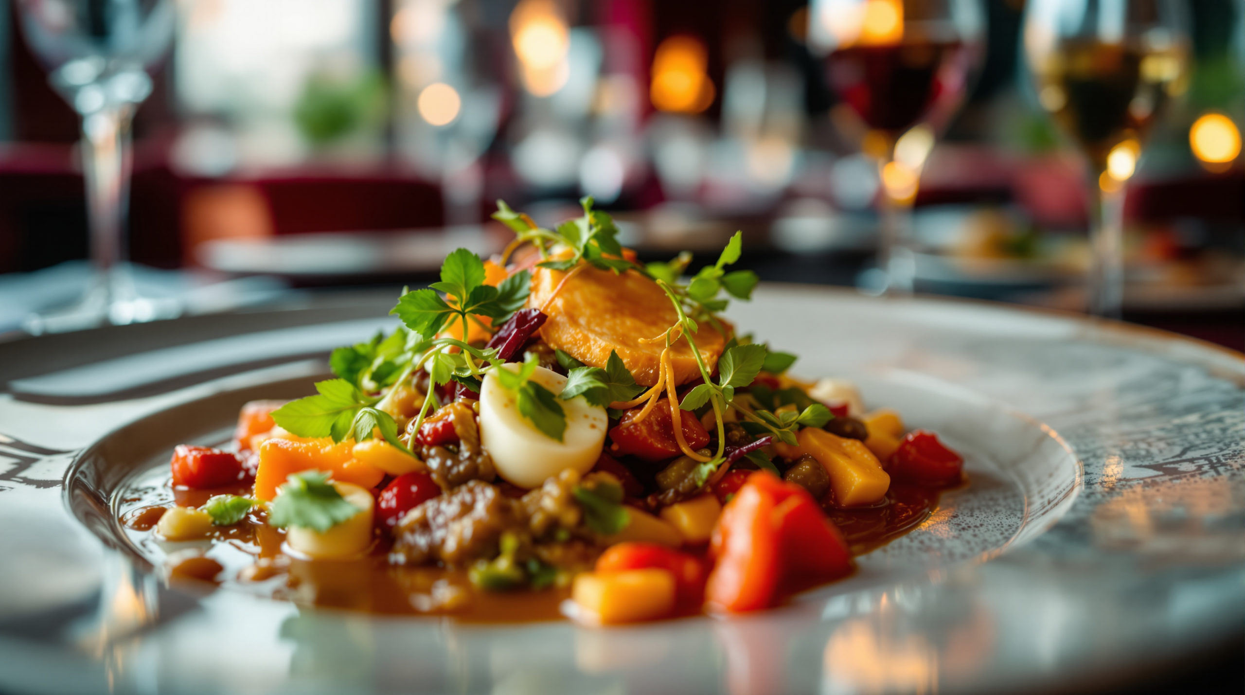 Close-up of an elegantly plated gourmet dish with vibrant ingredients, set in a luxuriously decorated restaurant interior featuring warm burgundy, gold, and deep green tones. The scene reflects the sophisticated atmosphere of high-end gastro restaurants in Geneva.