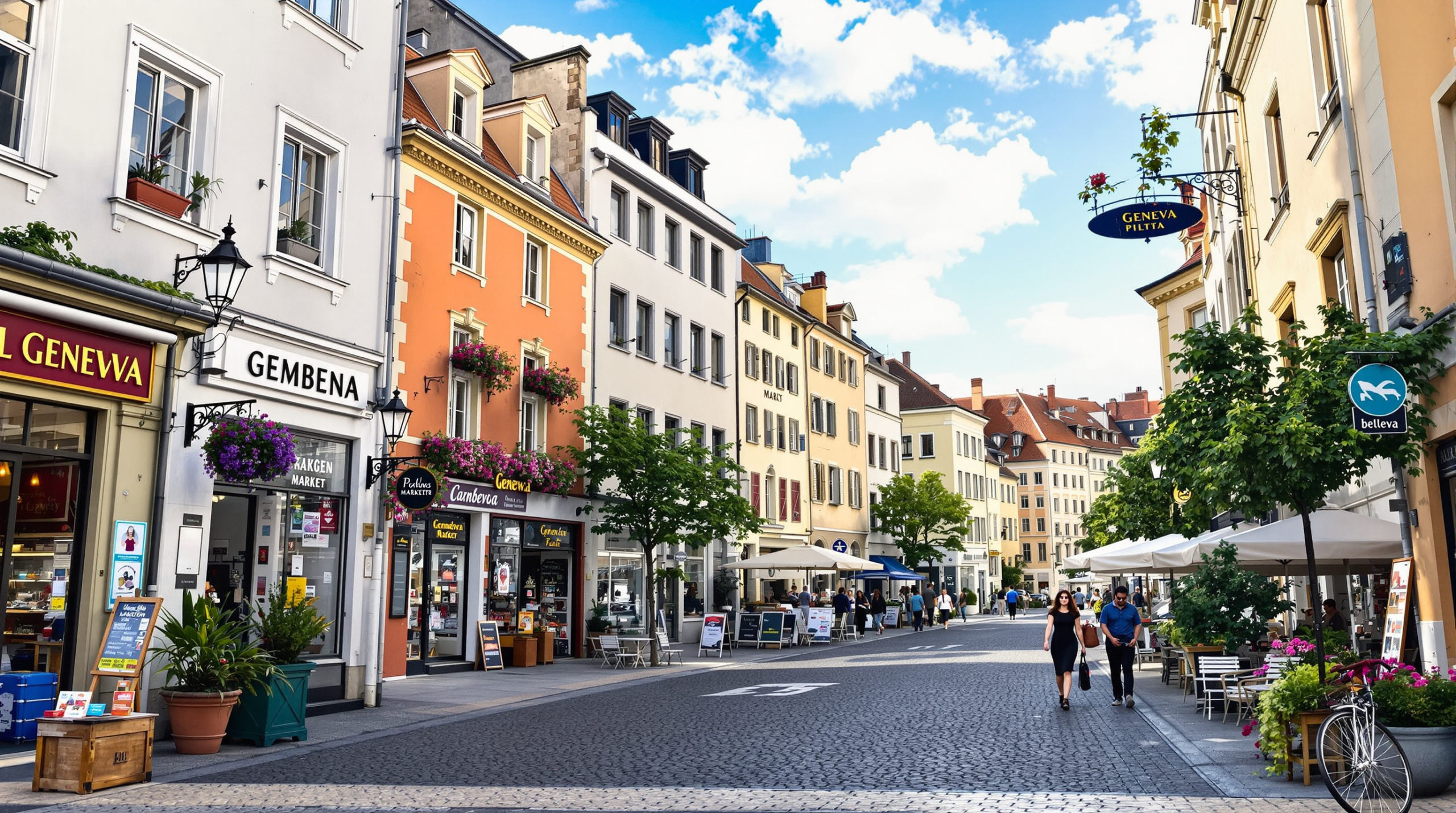 A vibrant street view of a Geneva neighborhood, featuring charming local shops and markets along sunlit streets. The unique architecture displays earthy tones and pastel façades, reflecting the everyday life and authenticity of the community in geneva expat neighborhoods.