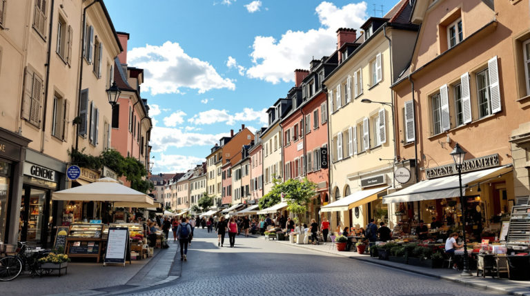 A picturesque street view of a Geneva family neighborhood, featuring local shops and markets with earthy toned buildings and pastel façades. Sunlight bathes the scene, highlighting the charming architecture and the vibrant everyday life of families in the area.