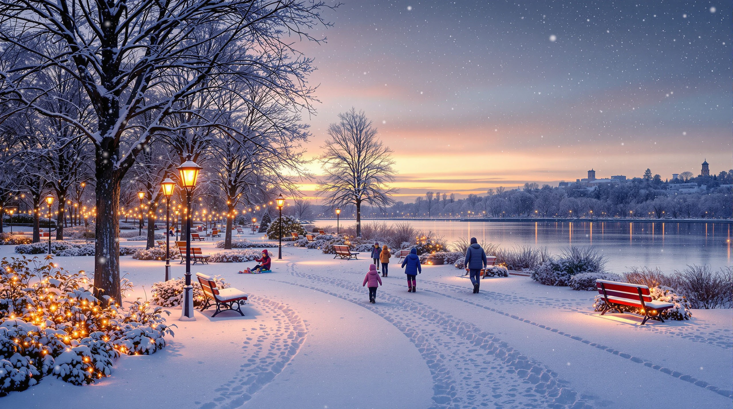 A serene winter scene in Geneva with a snow-covered park illuminated by warm lights, children happily playing in the snow. In the background, a tranquil lake reflects the soft light of a winter sunset, highlighting geneva rainy day activities.