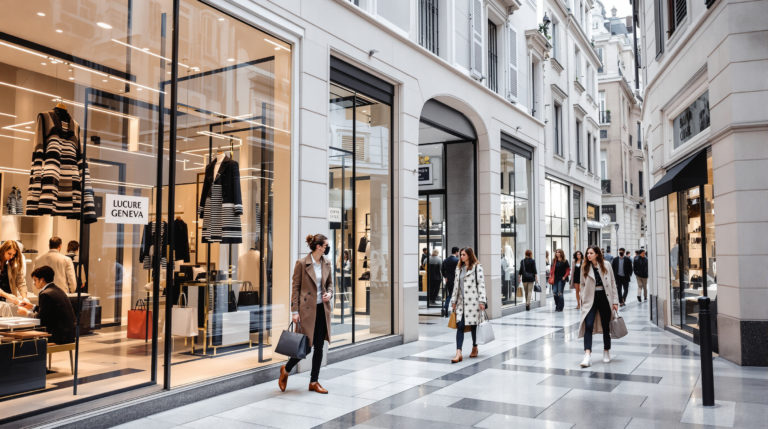 A luxurious shopping scene in Geneva featuring elegant boutique interiors and stylish street views. Fashionable individuals carry shopping bags against bright, clean urban backgrounds, with an emphasis on soft pastel colors and contrasts of stylish beige, black, and white. This image captures the