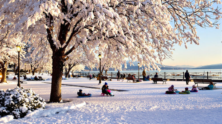 A picturesque winter scene in Geneva with a snow-covered park, trees and paths blanketed in white, and children playing joyfully with sleds and snowballs. Warm golden lights glow from nearby benches, while the serene lake and distant mountains are visible under