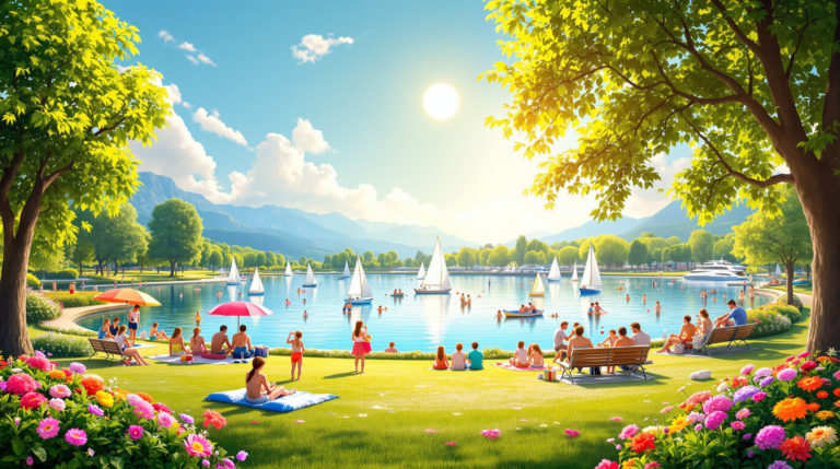 A vibrant summer scene in Geneva, featuring Lac Léman where families enjoy picnicking and sailing. Surrounding lush green parks and blooming flowers enhance the atmosphere under a bright blue sky with warm sunshine, capturing the essence of Geneva sunny day activities.