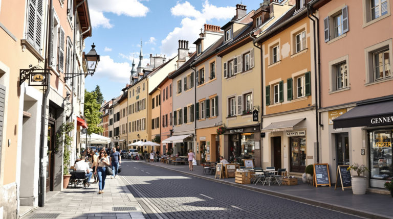 A vibrant urban street view in a picturesque Geneva neighborhood, highlighting local shops and markets bathed in natural daylight. The scene features charming architecture with earthy tones and pastel façades, showcasing everyday life and details that reflect the community's spirit, appealing to gene
