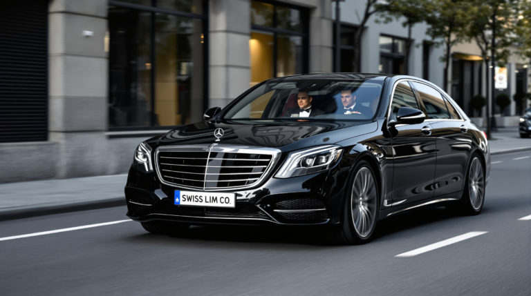 A tuxedoed chauffeur drives a 2024 black Mercedes S-Class with 'SWISS LIM CO' on the license plates through a discreet urban backdrop in Geneva, showcasing private transportation services. The polished luxury vehicle emphasizes professionalism and reliability, ideal for executive