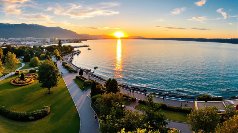 A wide-angle view of Lake Geneva during sunset, showcasing people strolling along a lakeside path surrounded by vibrant greenery. The soft blues of the lake reflect the warm golden hour light, creating a tranquil atmosphere with open skies and gentle waves. This scene captures