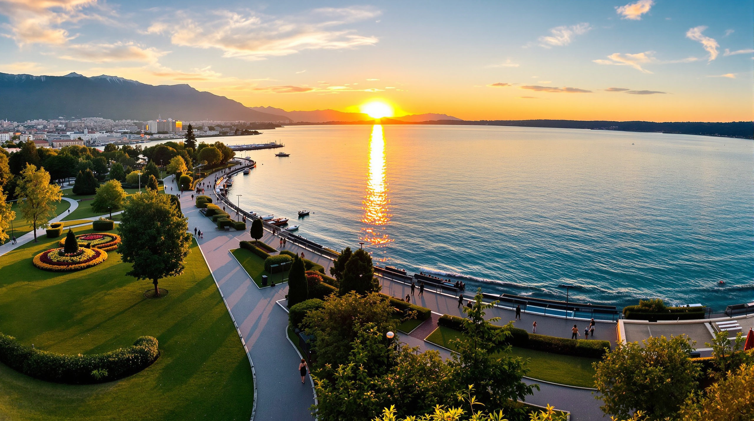 A wide-angle view of Lake Geneva during sunset, showcasing people strolling along a lakeside path surrounded by vibrant greenery. The soft blues of the lake reflect the warm golden hour light, creating a tranquil atmosphere with open skies and gentle waves. This scene captures