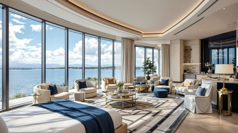 A luxurious hotel interior featuring a panoramic room with a stunning lakefront view. The space showcases cream, navy, and soft gold accents, with elegant furnishings and high-quality decor bathed in natural daylight. This inviting atmosphere reflects the prestige and comfort of luxury