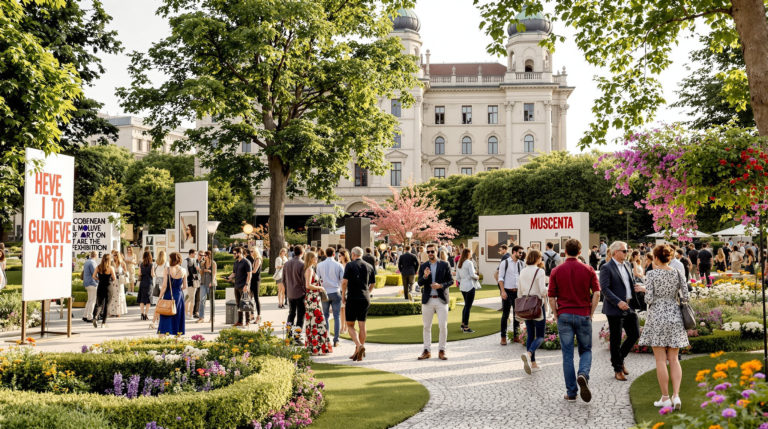 Visitors enjoying lively park events in Geneva, featuring modern art installations and cultural exhibitions set against historic museum architecture. Guests in stylish casual outfits engage in conversation, surrounded by lush greenery and colorful flowers, creating a calm and sophisticated atmosphere.