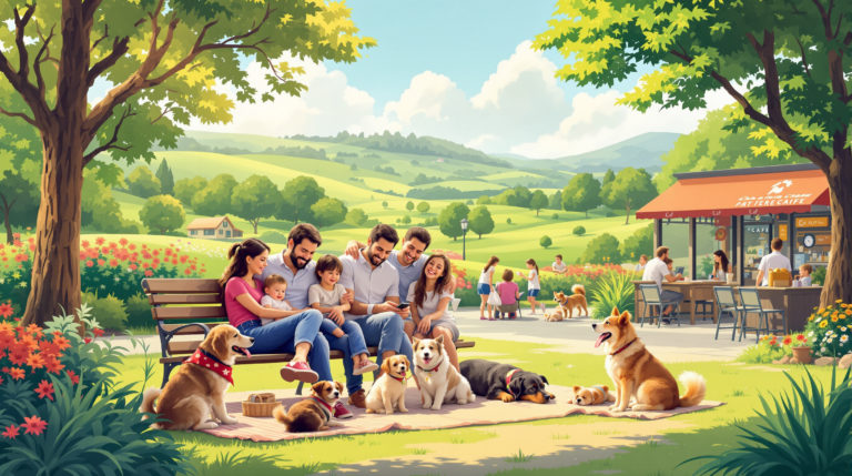 A sunny park scene with families and children enjoying the day with pets, smiling as they relax on benches and picnic blankets. In the background, soft green landscapes can be seen, and a pet-friendly café with outdoor seating is nearby, highlighting pet-friendly restaurants