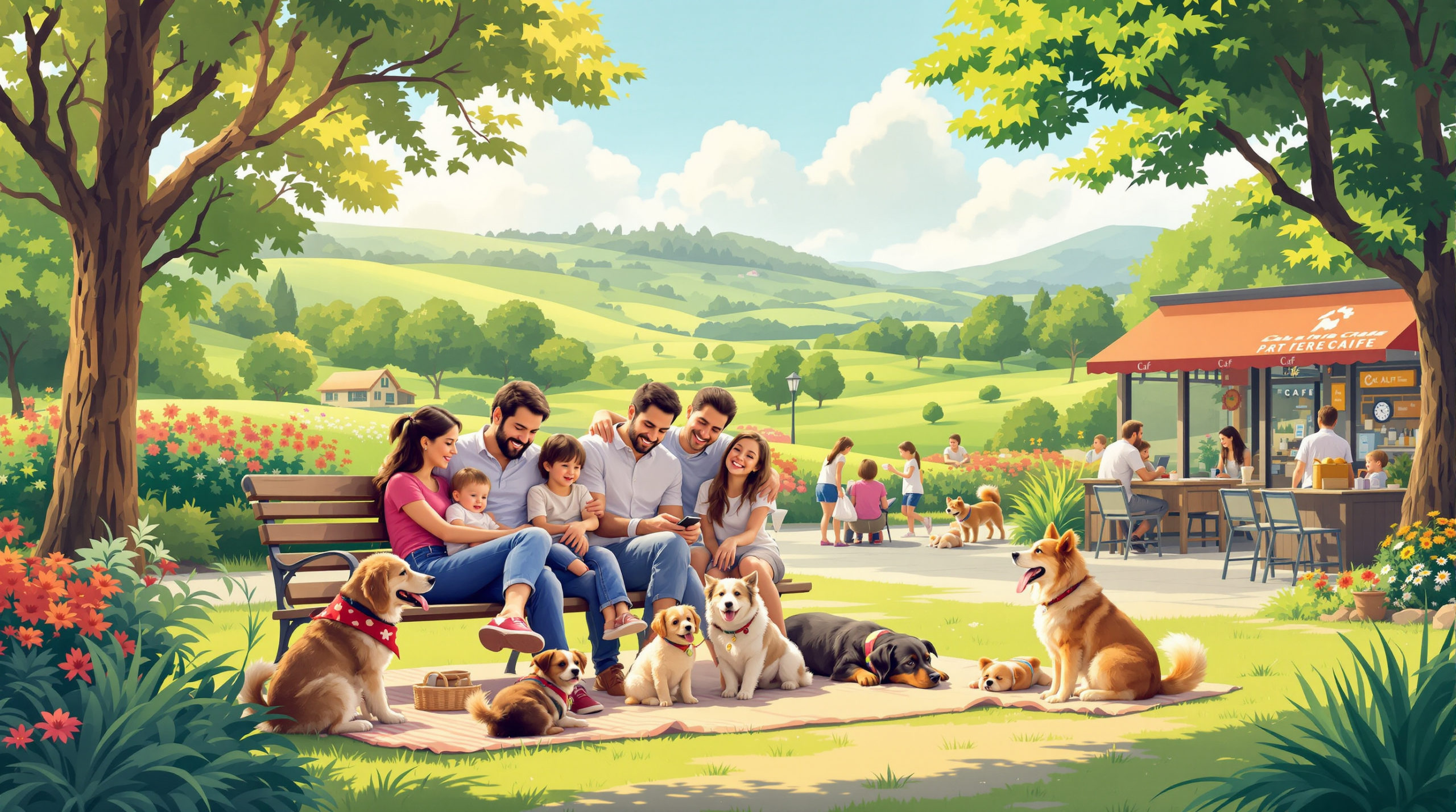 A sunny park scene with families and children enjoying the day with pets, smiling as they relax on benches and picnic blankets. In the background, soft green landscapes can be seen, and a pet-friendly café with outdoor seating is nearby, highlighting pet-friendly restaurants
