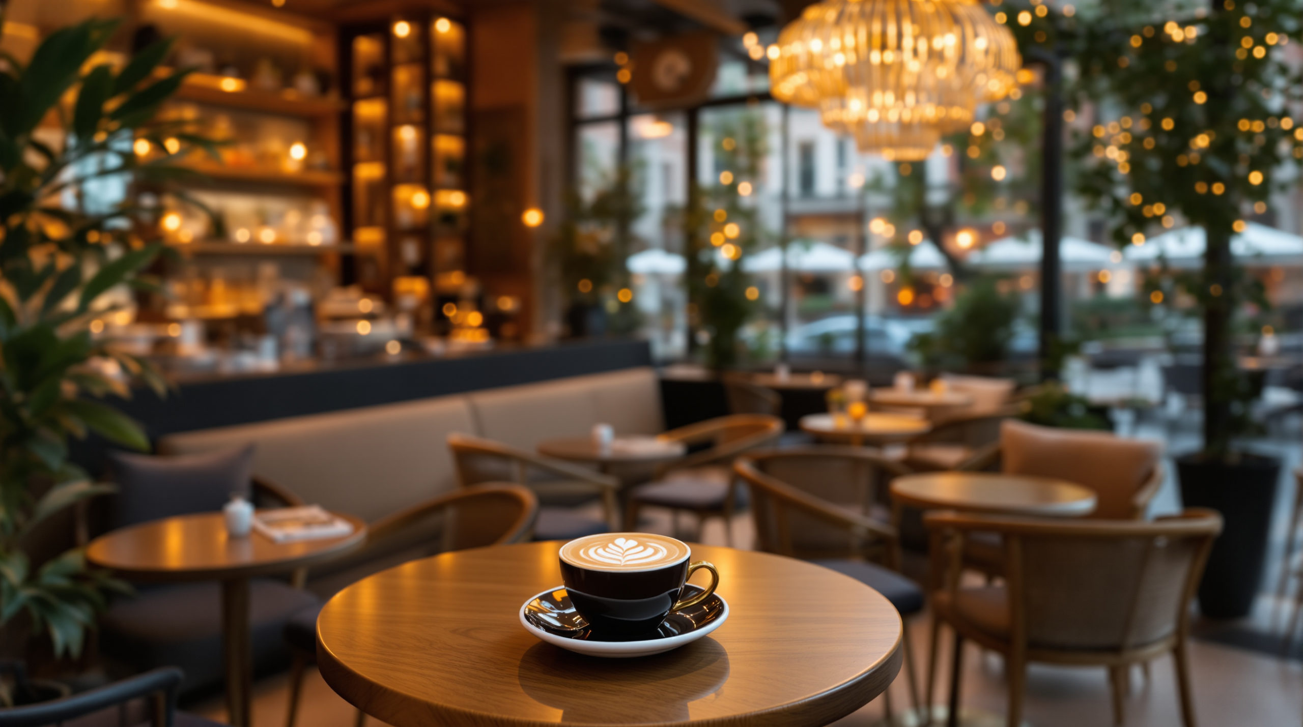 Cozy Geneva café scene with warm lighting and natural wood accents, featuring specialty coffee drinks with intricate latte art. The urban chic atmosphere includes indoor and terrace seating, creating an inviting space for both locals and travelers to relax, similar to quiet libraries for work