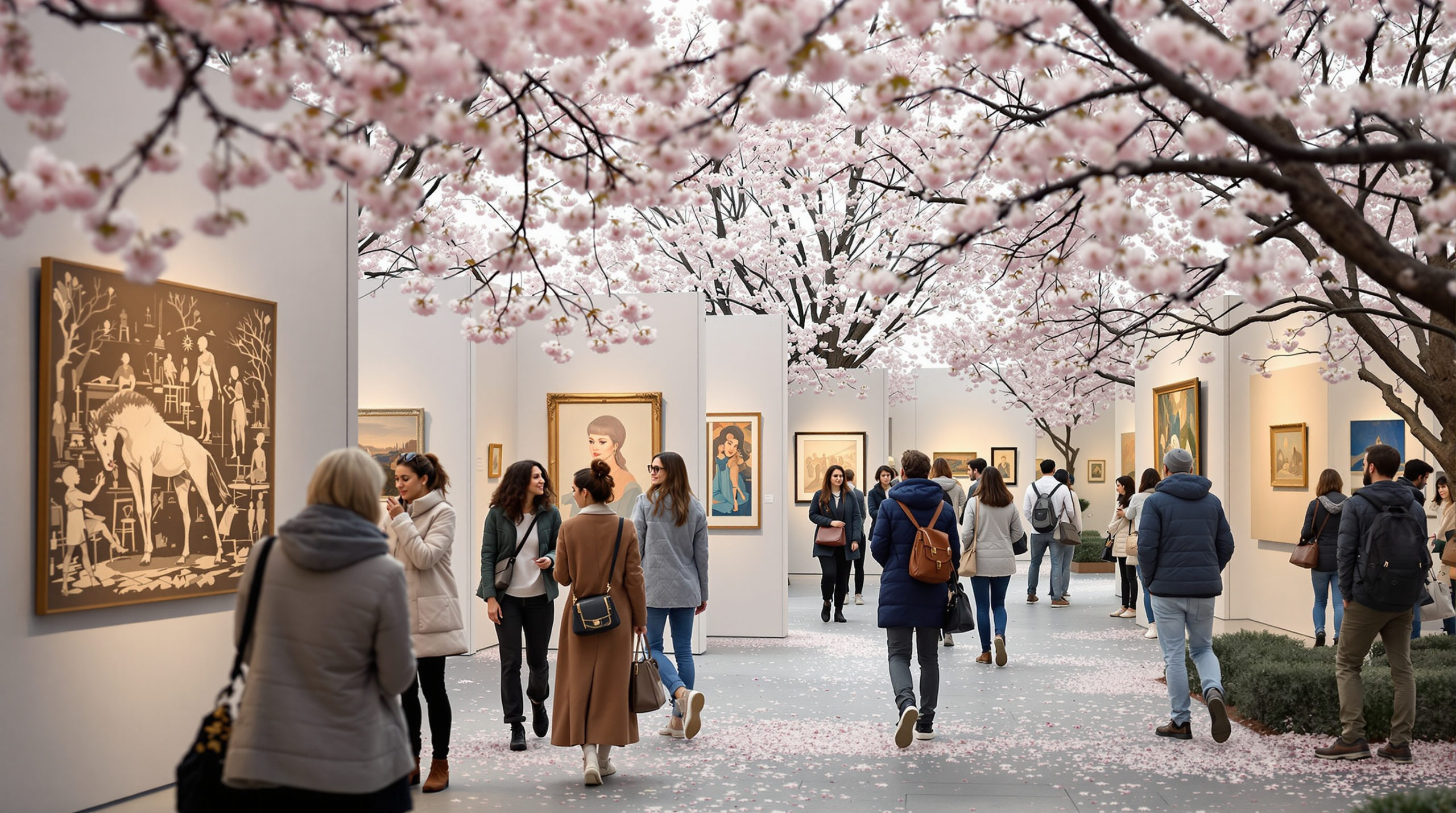 Visitors in stylish casual outfits admire artistic installations at the Museum of Art and History in Geneva during a spring exhibition, surrounded by blooming cherry blossoms. The serene atmosphere features neutral tones and artistic highlights, showcasing the beauty of seasonal events in Geneva.