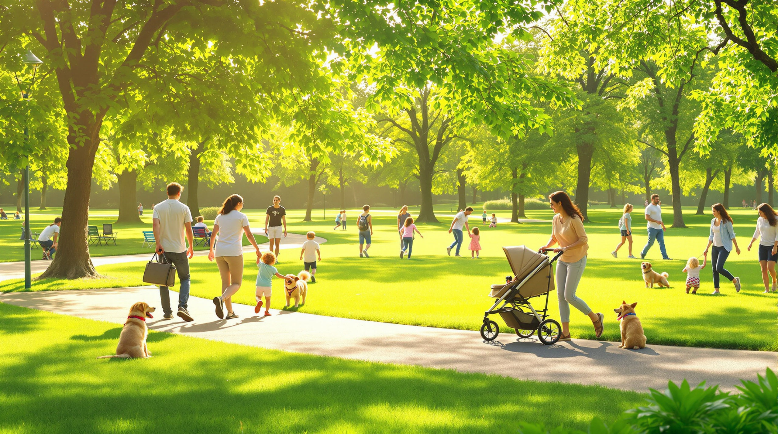 Families enjoy a sunny day in a vibrant park, with parents pushing strollers along accessible paths. Children play on the grass, and friendly pets mingle with their owners. The scene features lush green backgrounds and warm sunlight filtering through the trees, showcasing stroller friendly