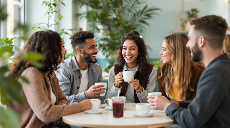 A diverse group of students enjoying coffee at a charming café in Geneva, surrounded by soft green plants and light blue décor, sharing laughter and discussing their studies and student deals in a warm, welcoming atmosphere.