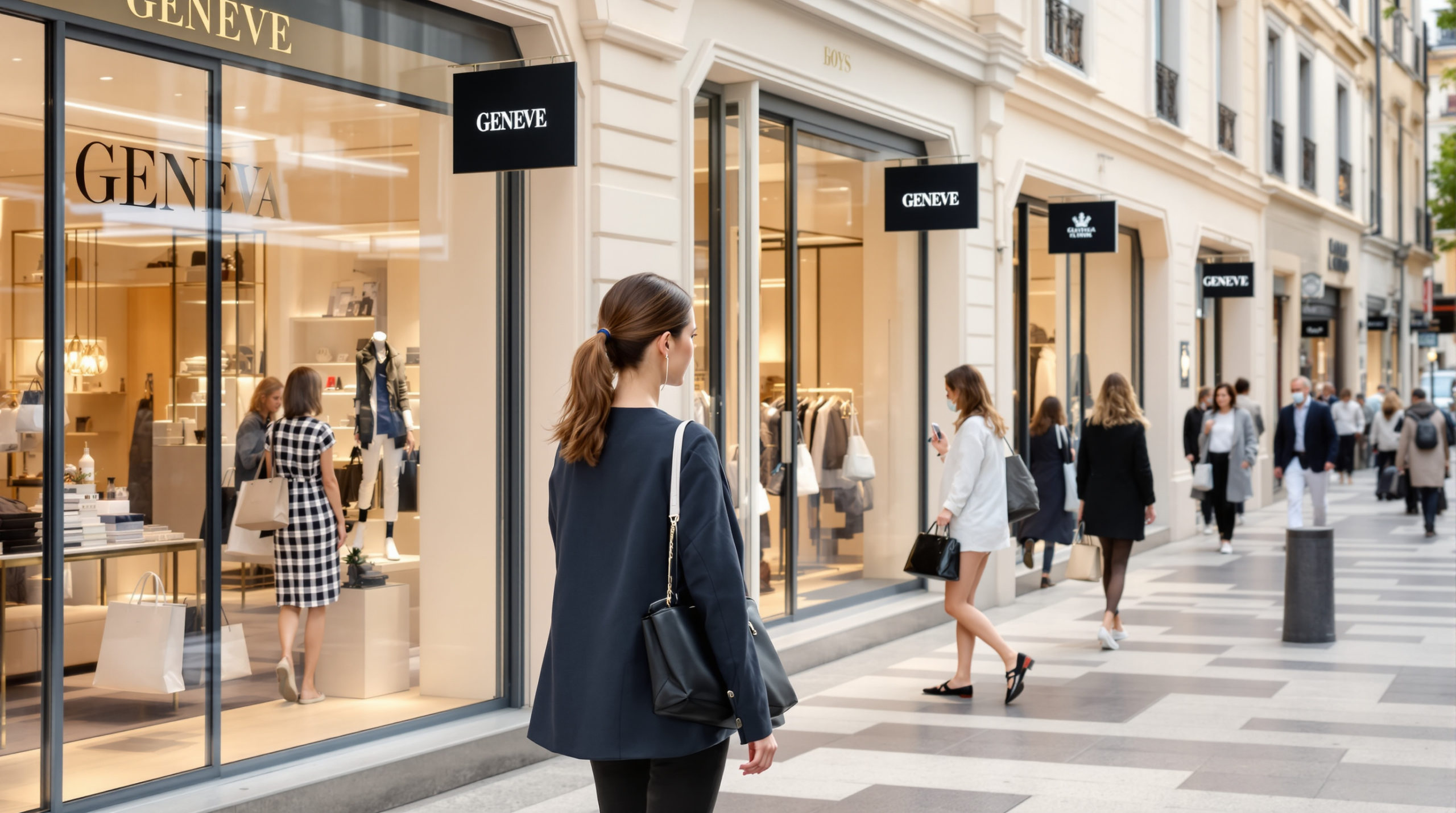 Luxurious shopping scene in upscale Geneva, featuring stylish individuals browsing chic boutiques with elegant façades. Soft pastel colors and black-and-white contrasts create a modern, sophisticated atmosphere, highlighting fashionable shopping bags in a relaxed ambiance. Discover the charm of Swiss shops by