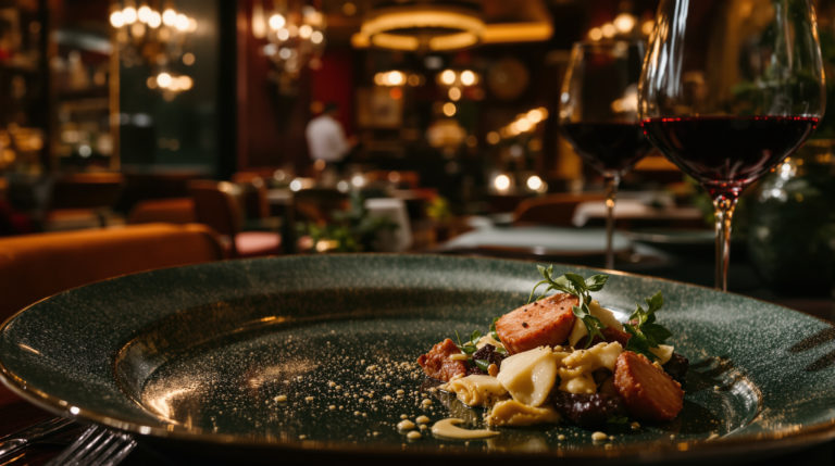 A close-up of a gourmet dish artfully plated in a luxurious restaurant setting with rich textures and warm tones of burgundy, gold, and deep green, evoking a sophisticated atmosphere typical of terrace restaurants in Geneva.