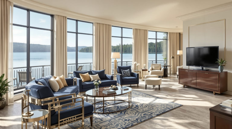 Luxurious hotel interior featuring a panoramic room with large windows overlooking serene lakefront waters. The decor includes cream walls, navy furnishings, and soft gold accents, creating a comfortable and elegant atmosphere. Natural daylight floods the space, enhancing its openness and exclusivity