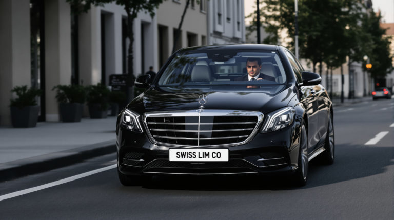 A sleek, black 2024 Mercedes S-Class is driving along a tranquil urban road in Geneva, featuring a white license plate reading 'SWISS LIM CO'. The scene includes discreet urban architecture, creating an executive atmosphere. A chauffeur in a polished suit