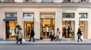 A vibrant shopping scene in Geneva showcasing stylish individuals browsing 1980s vintage thrift stores. The boutiques feature a mix of contemporary and retro designs, decorated in soft pastels, beige, and black and white. Fashionable shoppers carry shopping bags against a