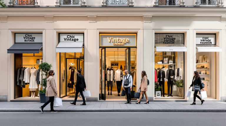 A vibrant shopping scene in Geneva showcasing stylish individuals browsing 1980s vintage thrift stores. The boutiques feature a mix of contemporary and retro designs, decorated in soft pastels, beige, and black and white. Fashionable shoppers carry shopping bags against a