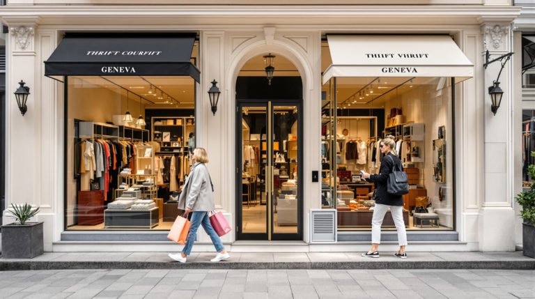 Stylish individuals browse upscale thrift stores and vintage boutiques in Geneva, set against elegant pastel façades and contrasting black and white elements. The modern atmosphere features fashion-forward shoppers with designer bags, capturing the charm of 1990s vintage thrift stores in Geneva