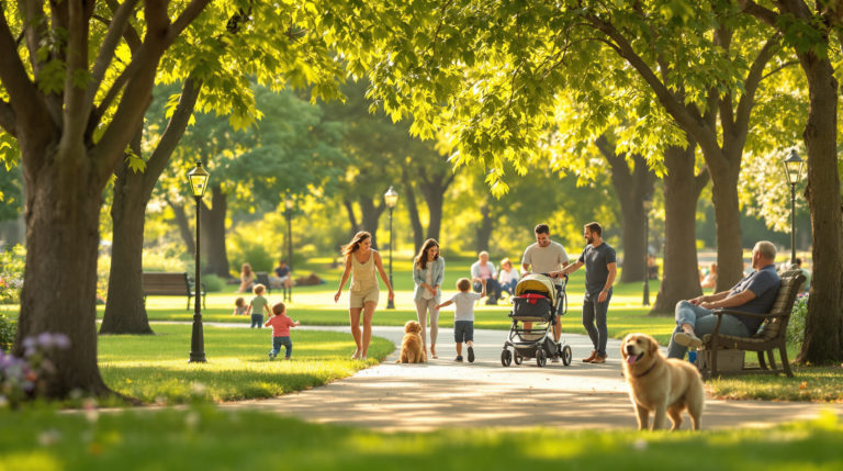 Warm park scene in Geneva featuring families enjoying a sunny day. Children play while parents relax on a stroller-friendly path. Pet owners walk their dogs among gentle green trees and soft sunlight, highlighting an accessible and friendly environment for all.