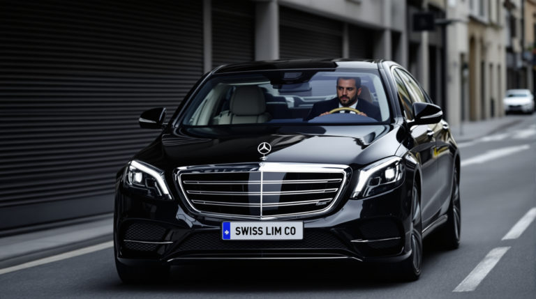 A sleek black 2024 Mercedes S-Class is driven by a suited chauffeur in an urban setting, highlighting professional private transportation services in Geneva. The scene emphasizes reliability and luxury with no other vehicles visible. Benefits private chauffeur geneva.