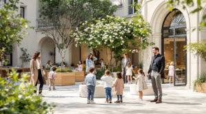 A serene outdoor scene at a children's museum in Geneva, featuring families enjoying interactive exhibition activities. Children are engaged in creative activities while stylishly dressed parents watch with smiles, all surrounded by elegant architecture and greenery, creating a calm and inspirational atmosphere. Perfect representation