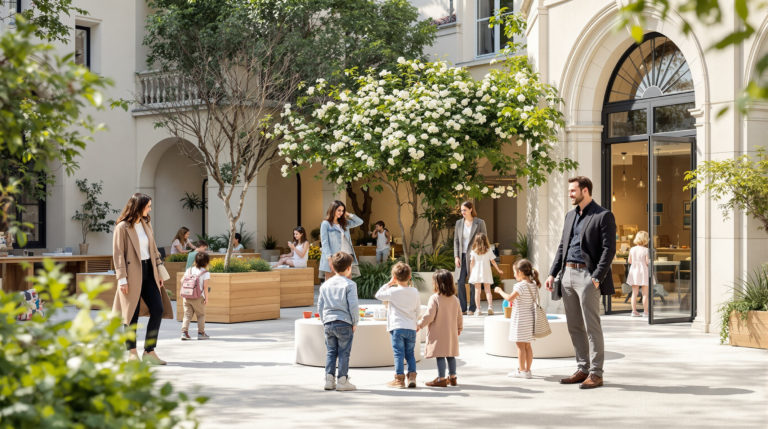 A serene outdoor scene at a children's museum in Geneva, featuring families enjoying interactive exhibition activities. Children are engaged in creative activities while stylishly dressed parents watch with smiles, all surrounded by elegant architecture and greenery, creating a calm and inspirational atmosphere. Perfect representation
