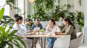Bright coworking space with young professionals working on laptops, surrounded by stylish greenery and natural wood accents. The decor features mint and light grey tones, with an emphasis on eco-friendly materials and inviting lighting, inspired by modern Geneva's lifestyle. The image reflects