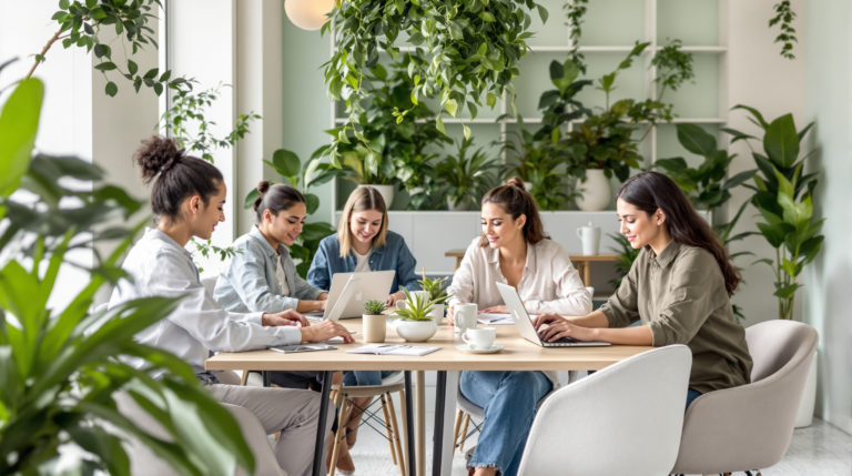 Bright coworking space with young professionals working on laptops, surrounded by stylish greenery and natural wood accents. The decor features mint and light grey tones, with an emphasis on eco-friendly materials and inviting lighting, inspired by modern Geneva's lifestyle. The image reflects