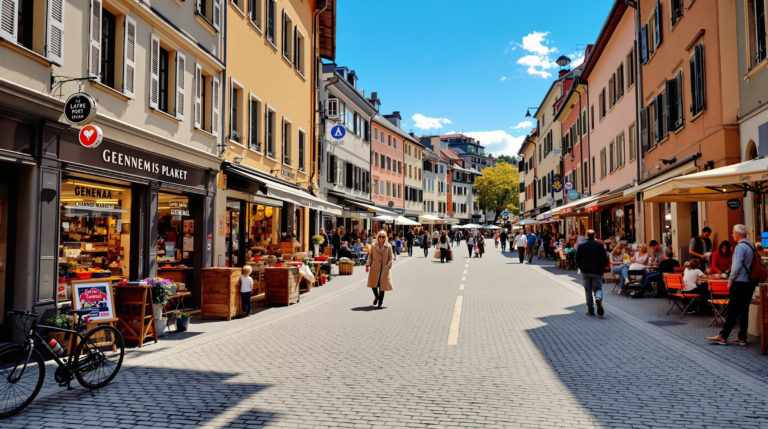 Street scene in a charming Geneva neighborhood showcasing local shops and bustling markets under natural daylight. Earthy tones and pastel façades highlight unique architecture and everyday life, creating an inviting atmosphere that reflects family-oriented living in the area, emphasizing the appeal of Geneva family