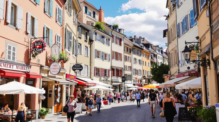 A charming street view of a Geneva student neighborhood, featuring pastel façades of local shops and vibrant markets. Earthy tones dominate the architecture, while students and locals engage in everyday activities under natural daylight.