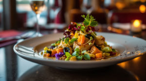 Gourmet dish featuring seasonal vegetables and proteins, elegantly arranged on a plate with intricate garnishes. The luxurious restaurant interior boasts warm burgundy and gold tones, with soft, moody lighting creating a sophisticated atmosphere. Serene lake views in the background