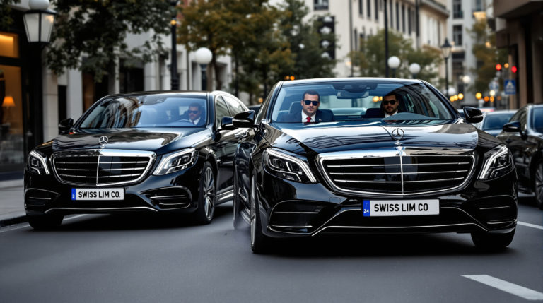 Chauffeurs in tailored suits drive polished black 2024 Mercedes S-Class vehicles with 'SWISS LIM CO' license plates through a sophisticated urban backdrop in Geneva, showcasing the elegance and reliability of local movers Geneva in private transportation services.