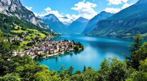 A panoramic view of Lake Geneva surrounded by majestic mountains, featuring a charming medieval village along the shoreline. The scene is awash in natural tones of deep blue water and lush green landscapes, with warm stone textures of the village buildings under clear sunlight, ev