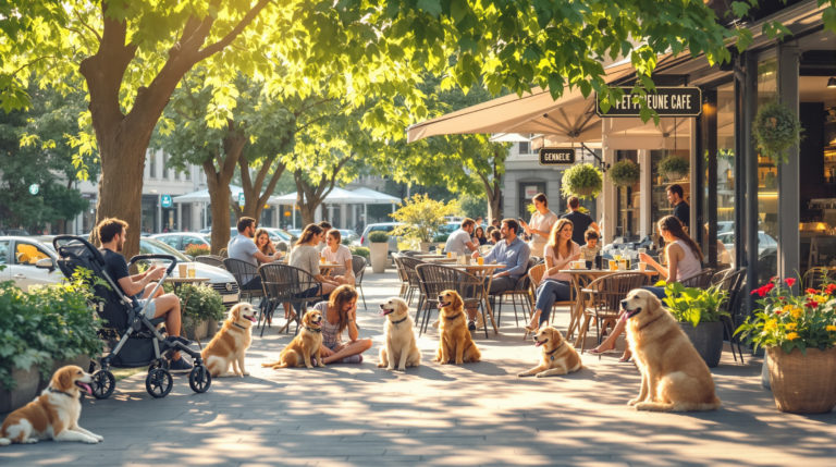 A warm and inviting pet-friendly café in Geneva features families and children enjoying a sunny day outdoors. Soft sunlight filters through green trees, illuminating a spacious seating area where patrons sip coffee and share snacks. Strollers are parked nearby as dogs lounge at their owners
