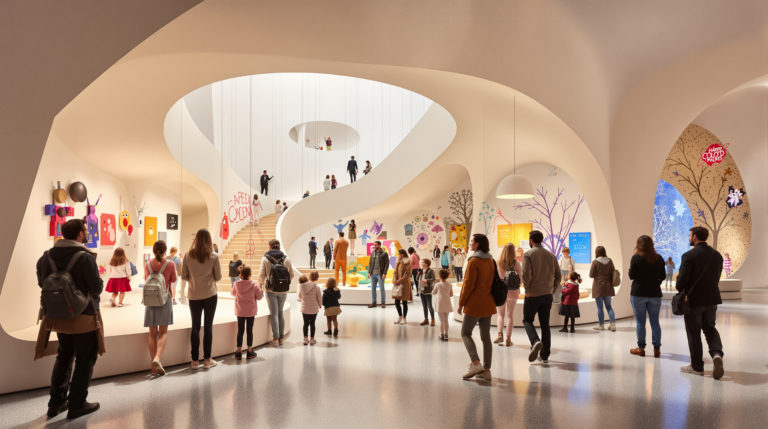 Visitors explore an innovative cultural playground venue in Geneva, featuring a modern museum with elegant architecture and artistic installations. Families and individuals in stylish casual outfits engage with interactive exhibits amidst soft neutral tones and vibrant highlights, creating a calm and inspirational atmosphere.