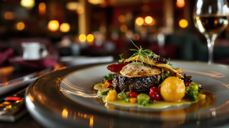 Close-up of an elegantly arranged fine-dining plate with gourmet cuisine in rich textures and vibrant colors, set against a sophisticated restaurant interior featuring deep burgundy, gold, and dark green accents. The shallow depth of field highlights the intricate details of the food