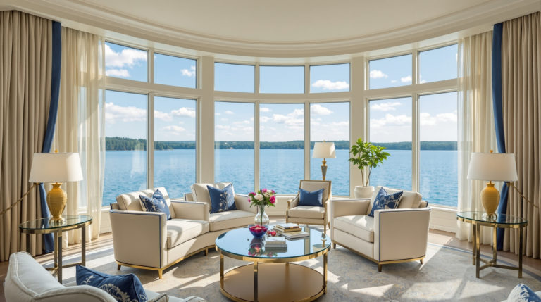 Luxurious hotel suite interior designed for couples, featuring large panoramic windows with views of serene waters. The space is elegantly furnished in cream and navy tones with soft gold accents, creating a bright and inviting atmosphere. Ideal for romantic getaways and a relaxing weekend
