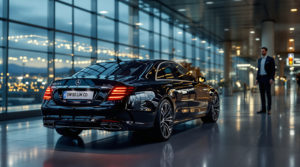 A black 2024 Mercedes S-Class parked at Geneva airport terminal, displaying 'SWISS LIM CO' on the license plates. A chauffeur in a tailored suit stands next to the car, creating an elegant atmosphere. The scene is lit with soft midnight